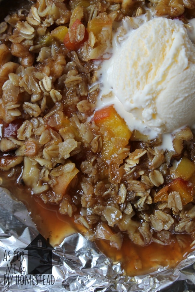 Grilled Peach Crisp is a deliciously simple foil packet recipe that can be grilled on the barbecue or cooked over the coals of a campfire.
