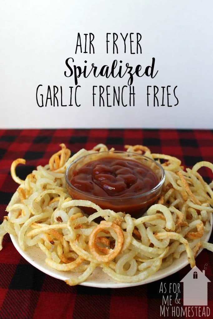 Crispy, delicious air fryer spiralized garlic french fries make the perfect side dish or appetizer!