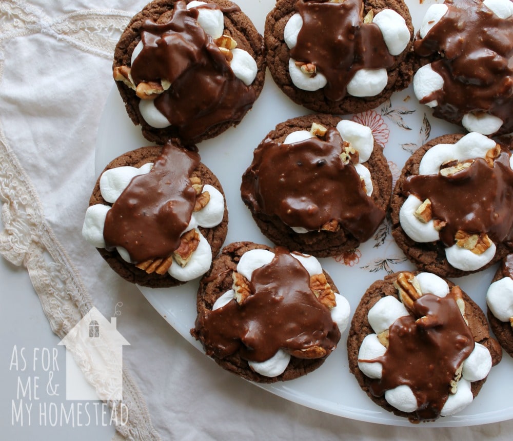 Sweet and delicious Mississippi Mud Pie Cookies from A Taste of America. Chocolate, pecans, and marshmallows, covered in chocolate icing.