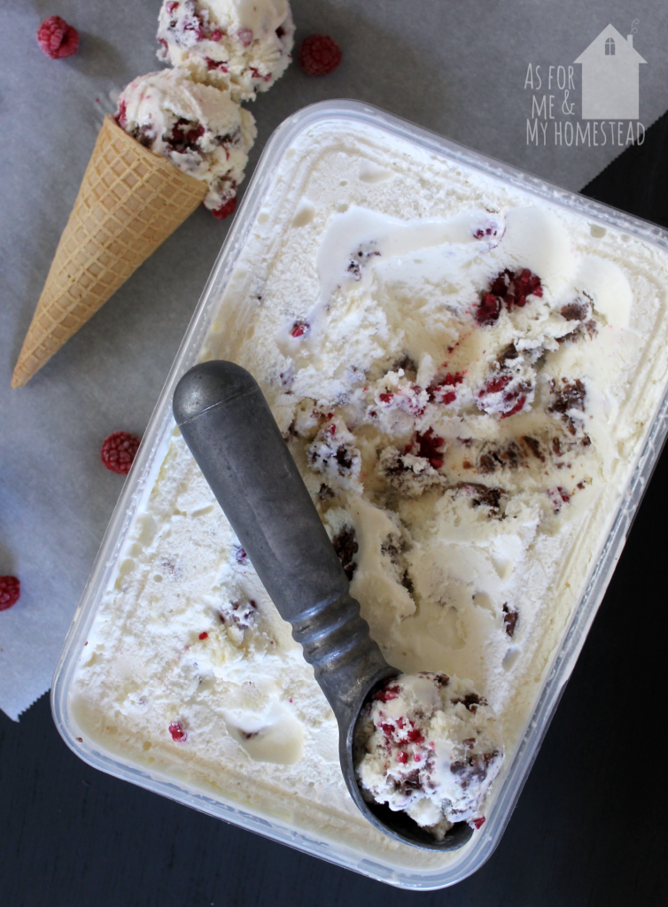 Decadent and delicious Raspberry Brownie Ice Cream is a recipe your whole family will enjoy.  Chunks of brownie and whole raspberries are surrounded by homemade vanilla ice cream in this must-have dessert.